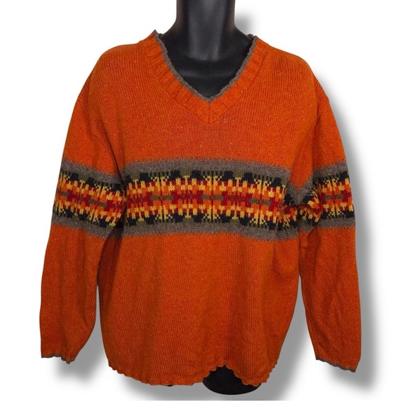 Vintage 90s Eddie Bauer Wool Blend Sweater Mens Medium Orange V Neck Made In USA - Picture 1 of 12